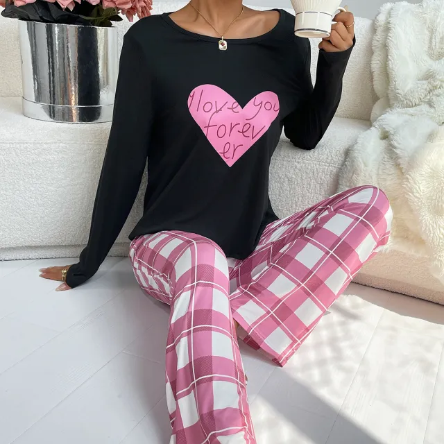Women's Love Long sleeved Top And Checkered Pants Two piece Set Simple 600928 Black - Shop at LoveMi