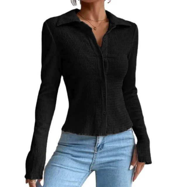 Women's Solid Color Stitching Split Sleeve Cardigan Button Top Lapel T shirt Black - Shop at LoveMi