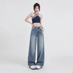 Wide Leg Jeans Women's High Waist Baggy Straight Trousers - Retro Blue Trousers - View 1