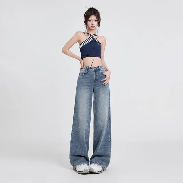 Wide Leg Jeans Women's High Waist Baggy Straight Trousers Retro Blue Trousers - Shop at LoveMi