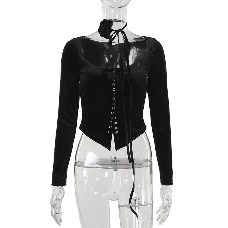 Fashionable Elegant Slim Fit Square Collar Suede Long Sleeve All-match Basic Top