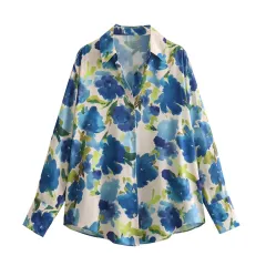Fashionable All-match Silk Satin Textured Printed Shirt - Blue - View 1