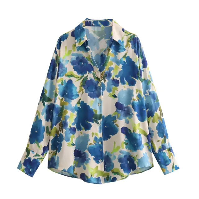 Fashionable All match Silk Satin Textured Printed Shirt Blue - Shop at LoveMi