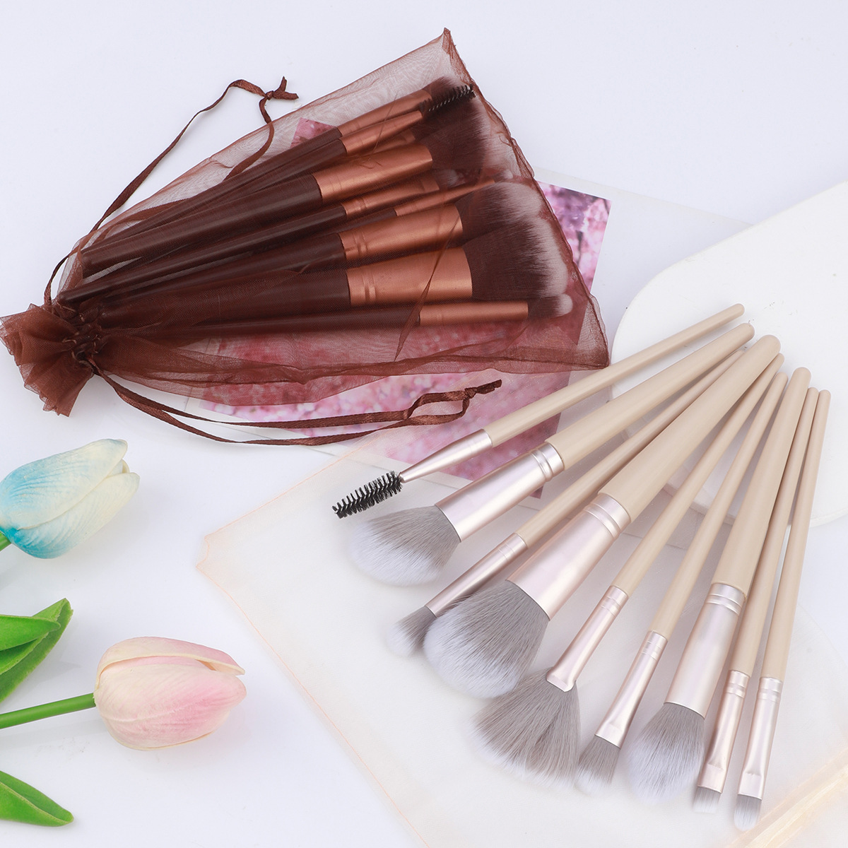 9-piece Makeup Brush Set With Mesh Bag