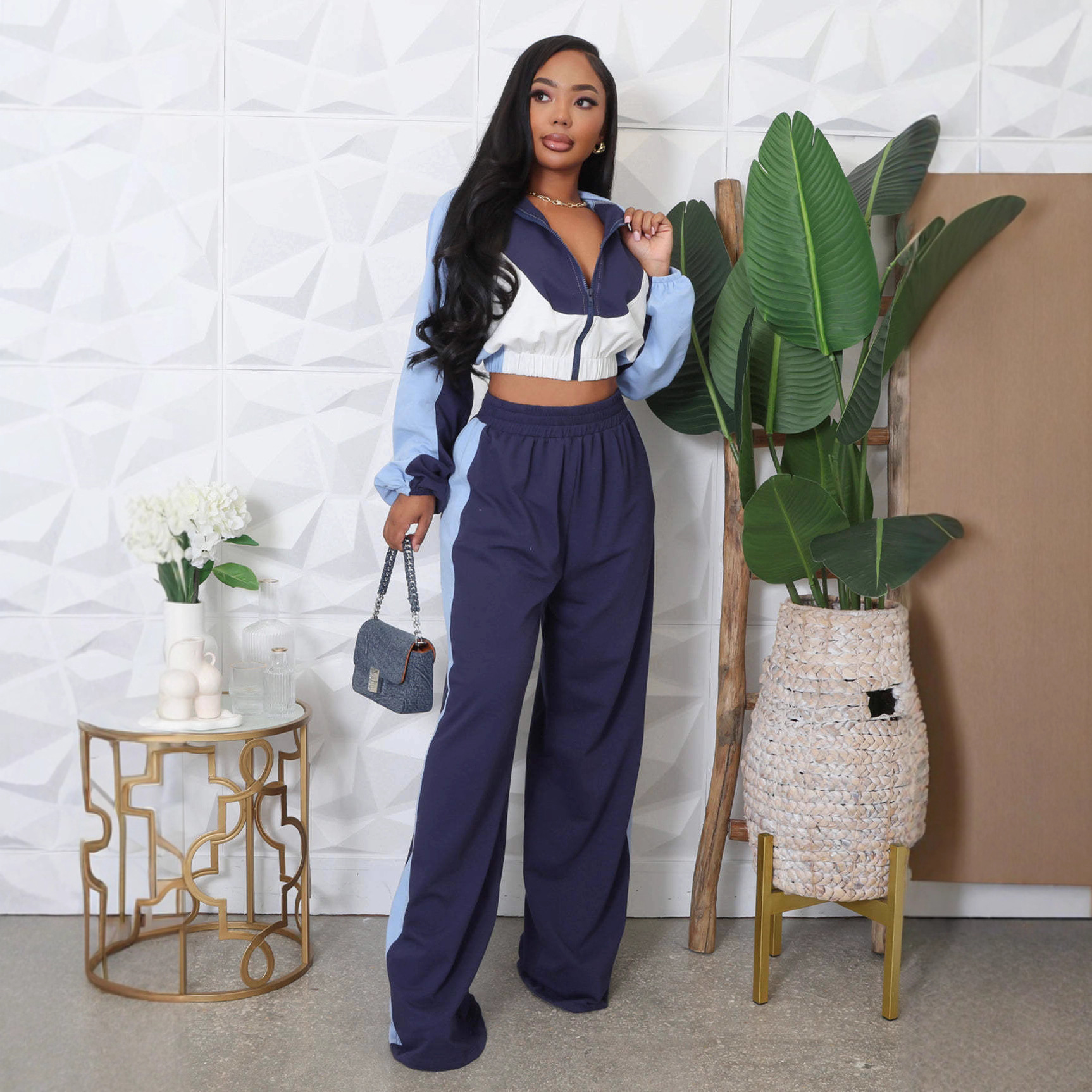 Spring And Autumn Loose Zip Short Coat High Waist Wide Leg Pants Two-piece Set - Image 3