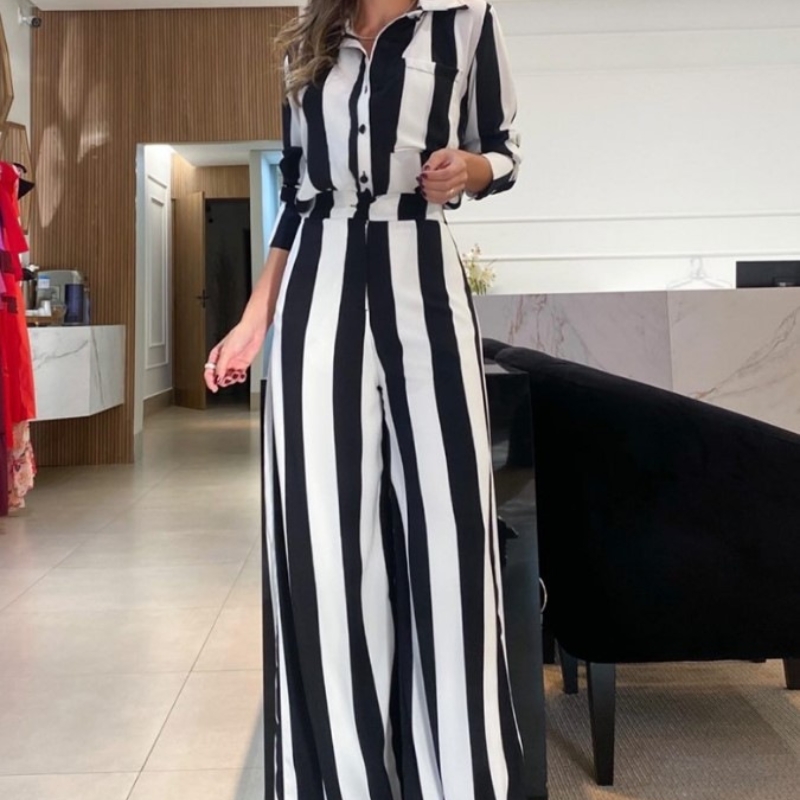 Casual Fashion Black And White Striped Button Pocket Design Shirt Wide Leg Pants Two-piece Set