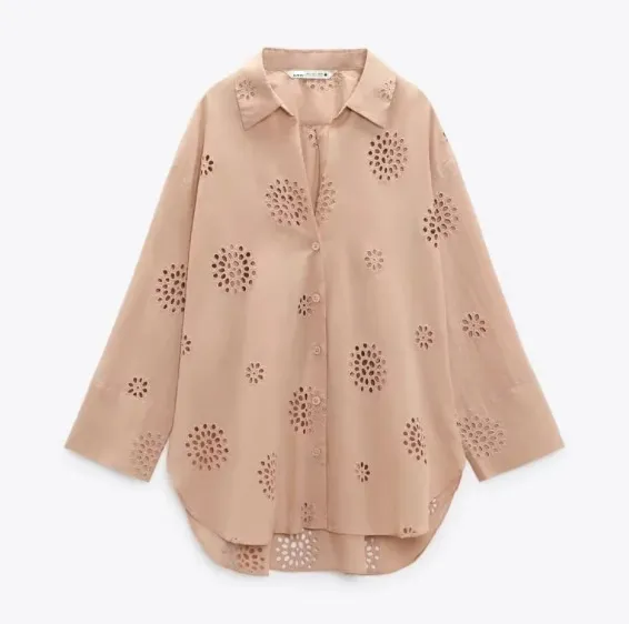 Women's Lapel Embroidery Solid Color Loose Shirt Lotus Color S - Shop at LoveMi