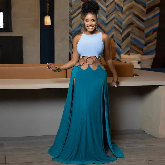 High Slit Ring Accessories Lace up Dress Blue - Shop at LoveMi