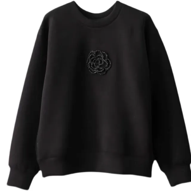 White Machine Embroidery Beaded Camellia Round Neck Loose All match Air Layer Sweater Black - Shop at LoveMi