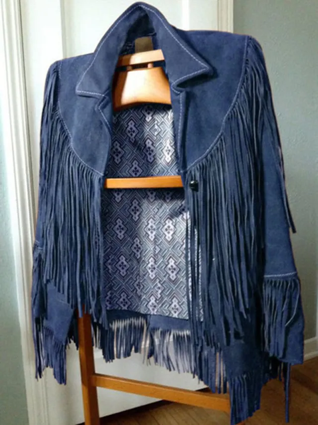 Suede Tassel Long sleeved Ethnic Jacket Blue - Shop at LoveMi