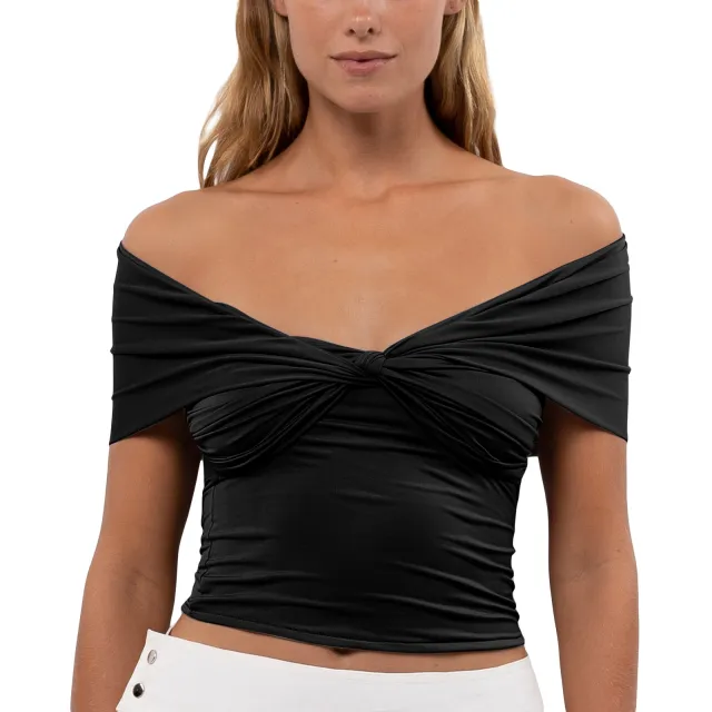 Solid Color Sleeve Off shoulder Pleated Tight Cropped Top Black - Shop at LoveMi