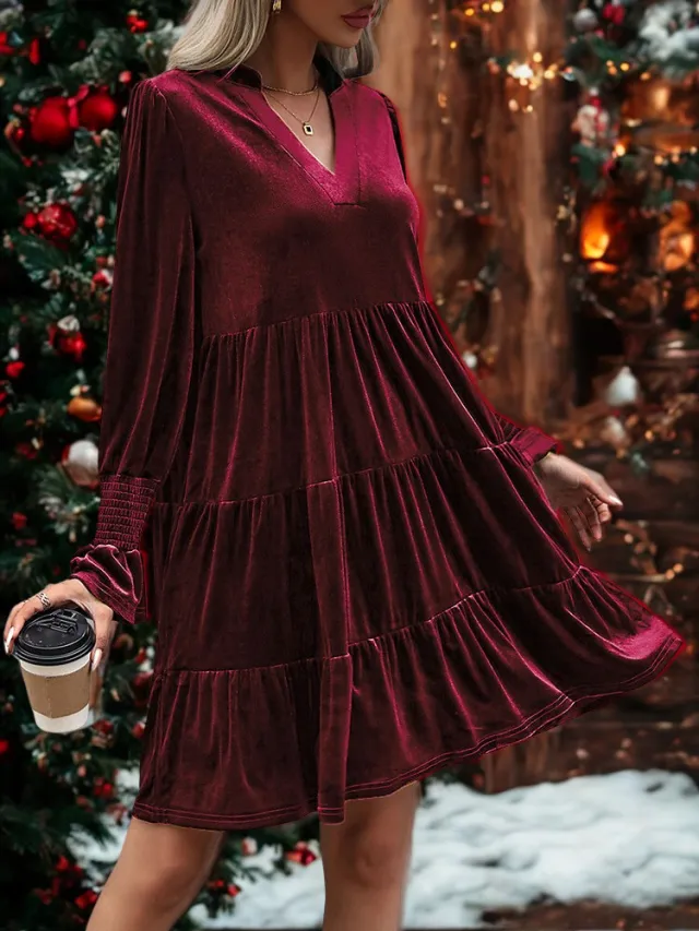 Long Sleeve Christmas Skirt Velvet Cake Dresses With Puffy Sleeves And V Neck Mini Skirt Elegant Short Dress For Women New Year Party Clothing Red - Shop at LoveMi
