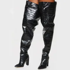 Chunky Heel Crocodile Pattern Fashion Women's Boots Over-the-knee Boots - Black - View 1