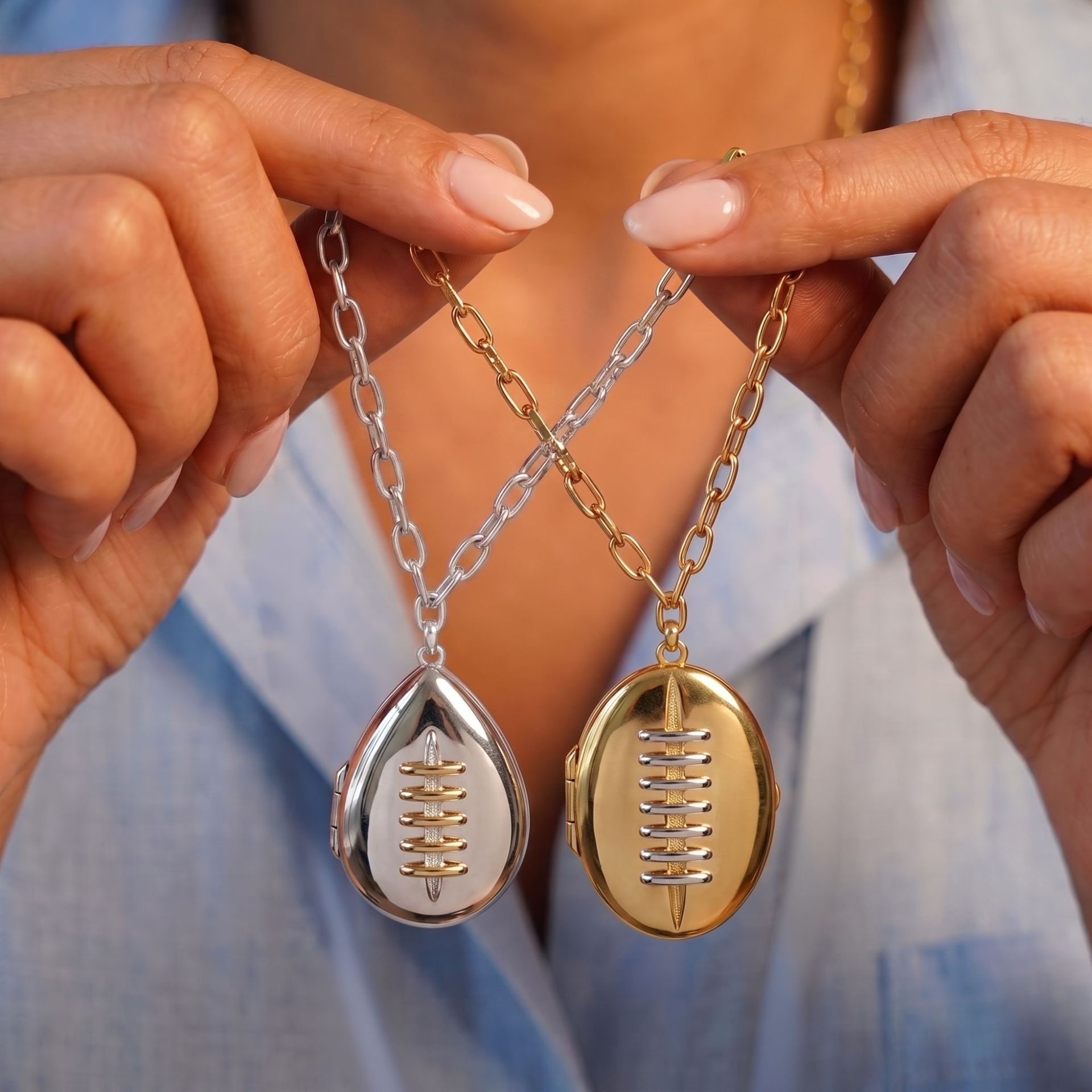 Oval Square And Water-drop-shaped Bowling Ball Gold And Steel Two-tone Pendant Necklace