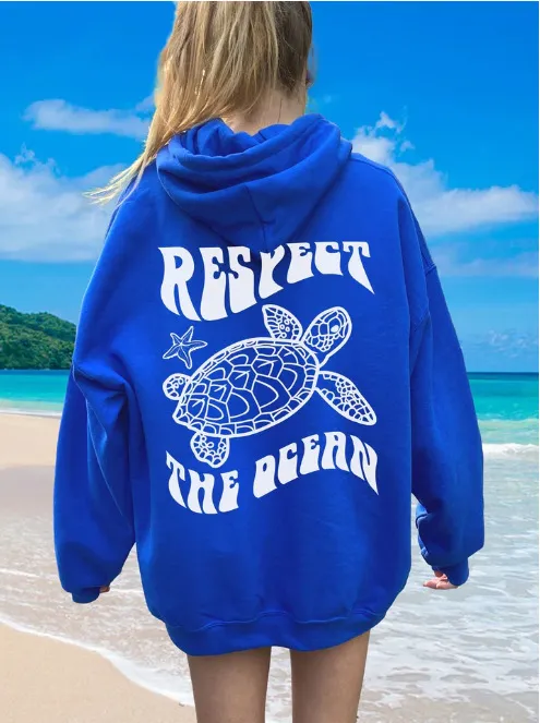 Comfortable Suede Hoodie Turtle And Starfish Pattern Sweater Sapphire Blue - Shop at LoveMi