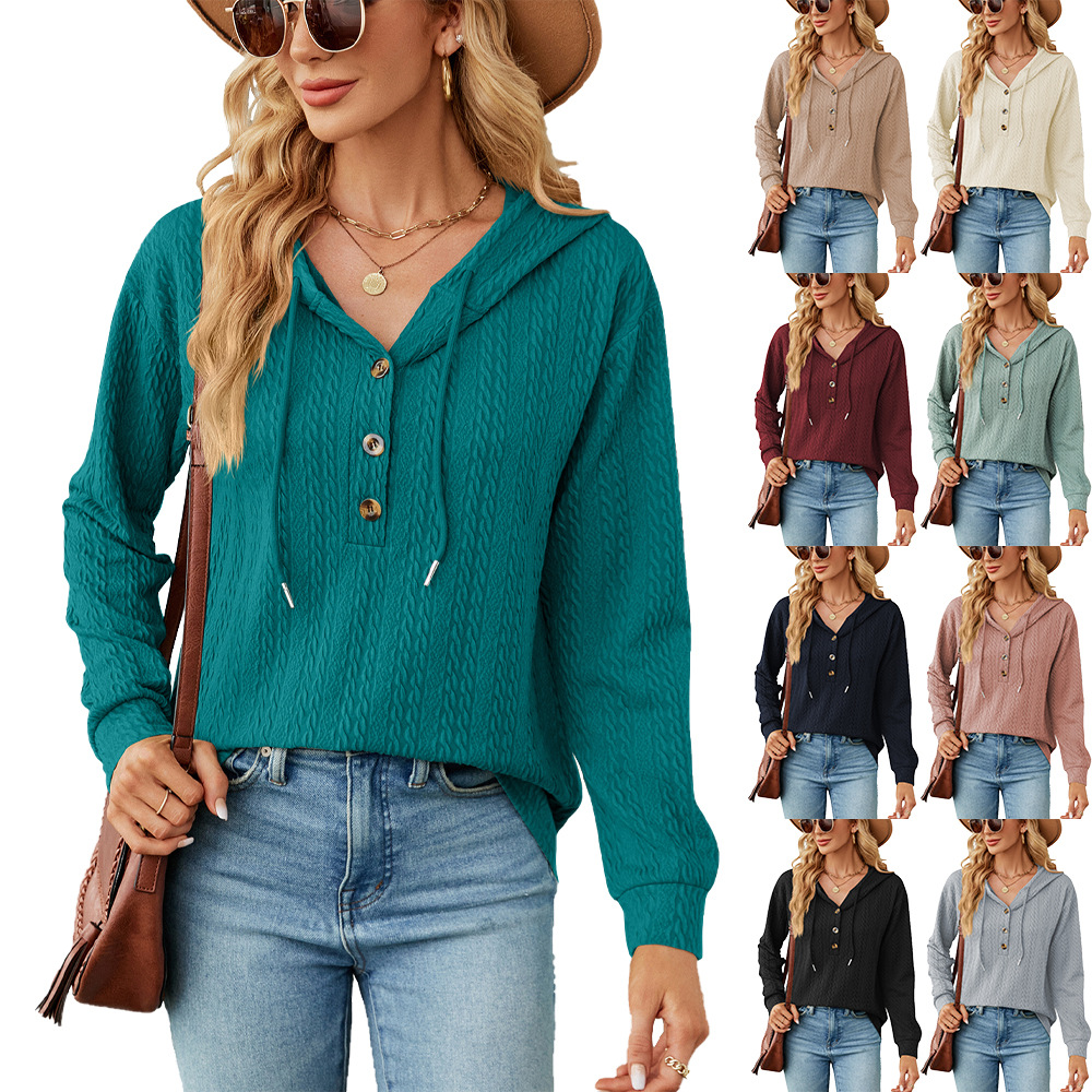 Women's Fashion Simple Solid Color Hooded Button Loose Long Sleeve Sweatershirt