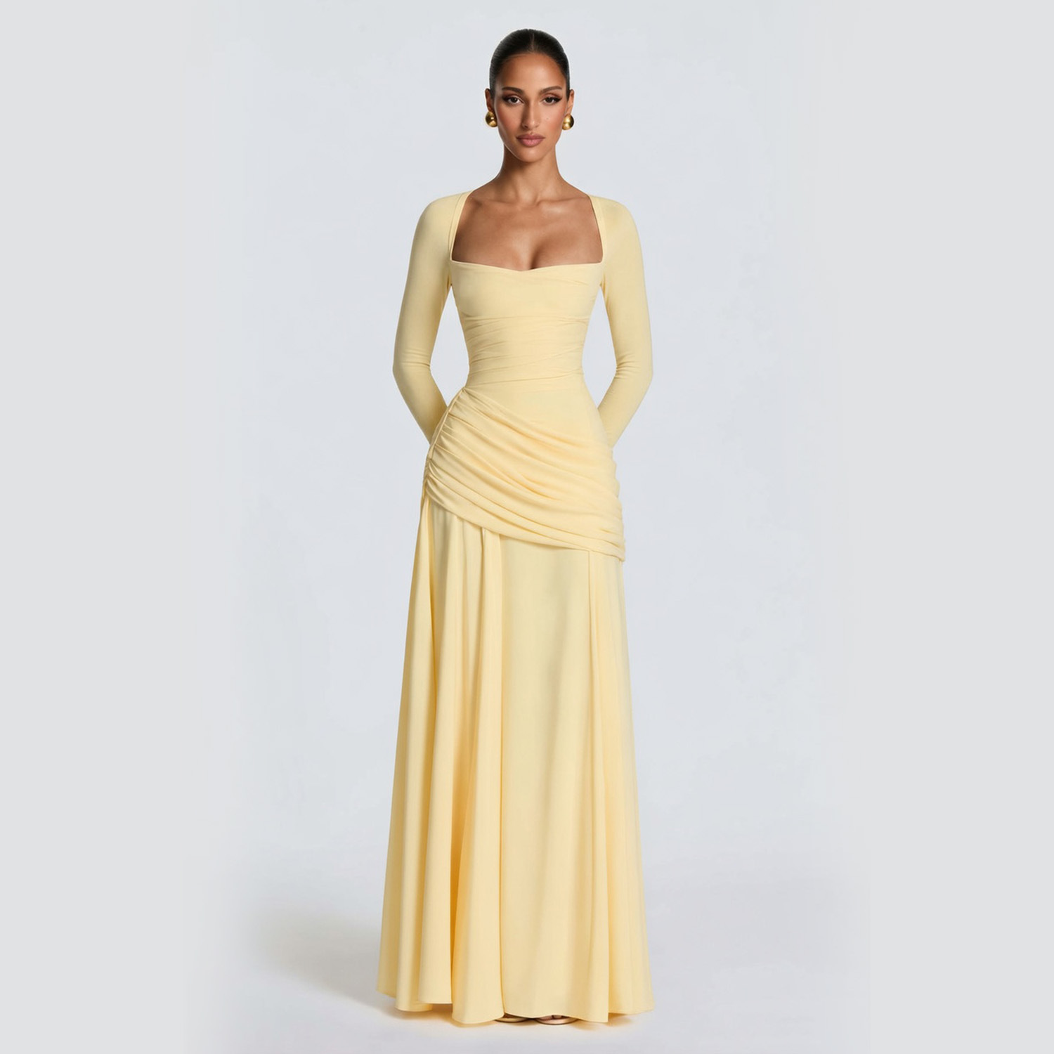 Womens Solid-color Square-neck Pleated Waist-cinching Maxi Dress
