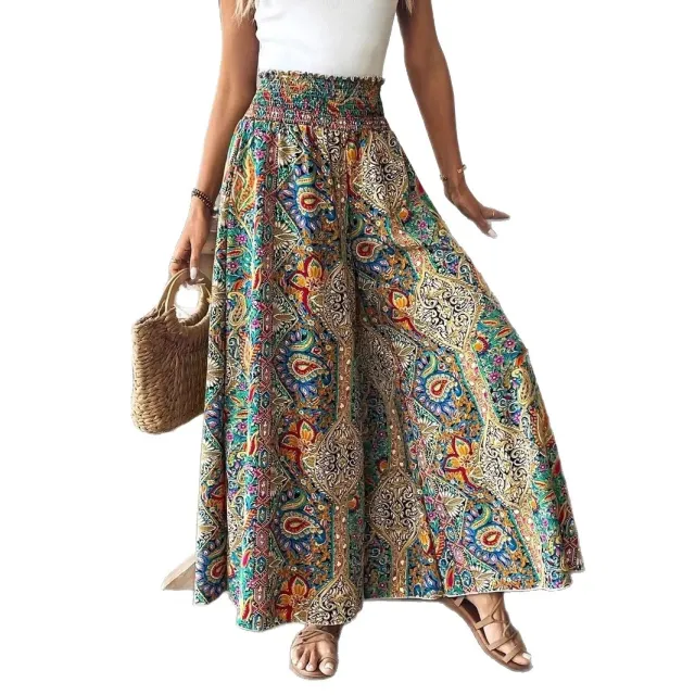New Summer Printed High Waisted Bohemian Wide Leg Culottes In A Vacation Style Printing L - Shop at LoveMi