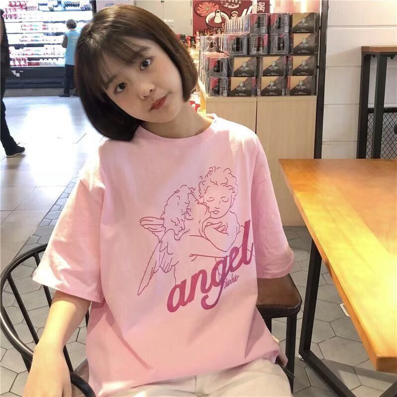 Women's Loose-Fitting Cute Little Angel Printed Short-Sleeve Top