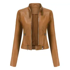 Women's Short Leather Jacket Stand Collar Jacket Thin - Camel - View 1