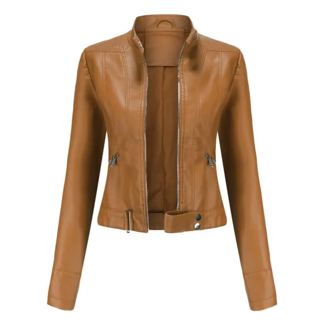 Women's Short Leather Jacket Stand Collar Jacket Thin Camel - Shop at LoveMi