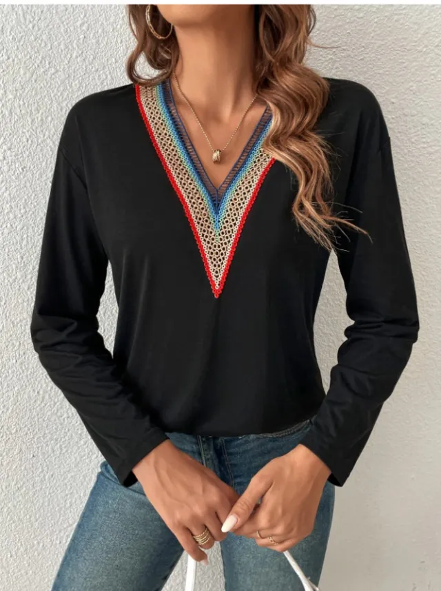 Autumn And Winter Lace Spliced V neck Loose Long Sleeve Black - Shop at LoveMi