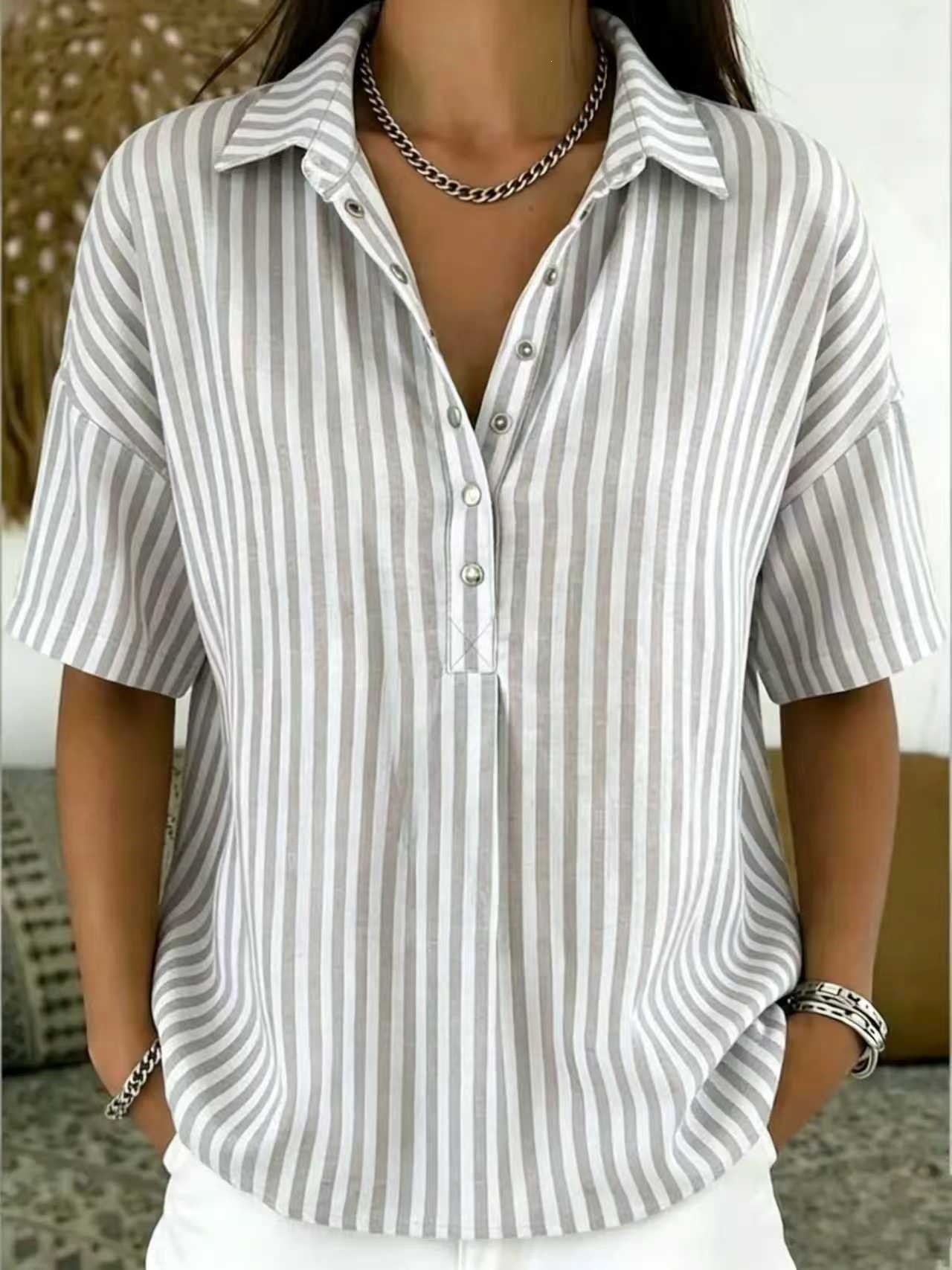 Womens Fashion Casual Striped Short-sleeve Shirt
