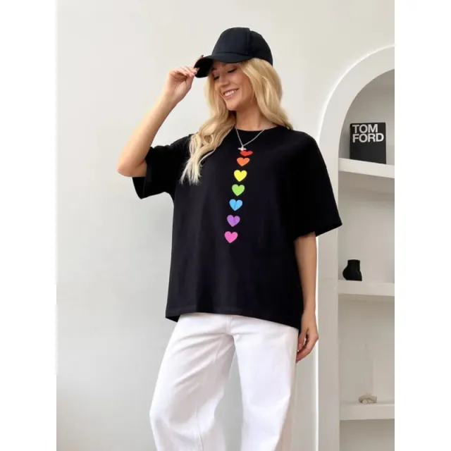 Colorful Dopamine Style Heart Print Short Sleeve T Shirt With A Designer Touch Black - Shop at LoveMi