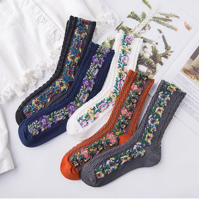 Autumn And Winter New Cotton Retro Hemp Pattern Women's Mid calf Length Sock Stockings Five Colours In One Package - Shop at LoveMi