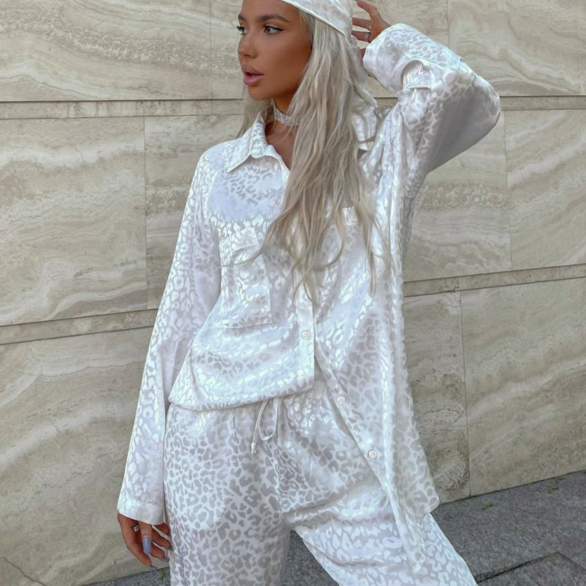 Leopard Print Lace-up Loose Long-sleeved Trousers Pajamas Two-piece Set