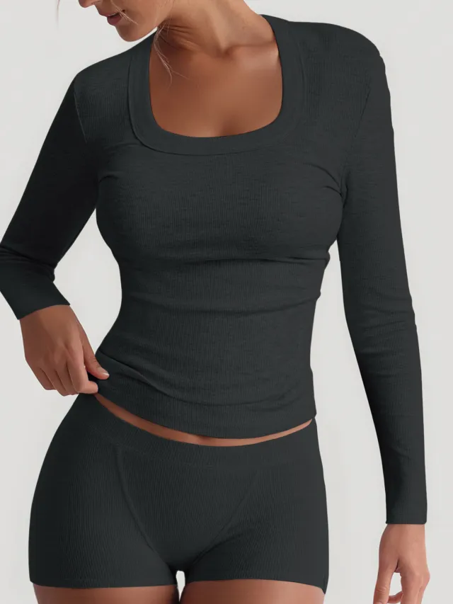 Sports Yoga Solid Color Long Sleeve High Elastic Skirt Outfit Gray - Shop at LoveMi