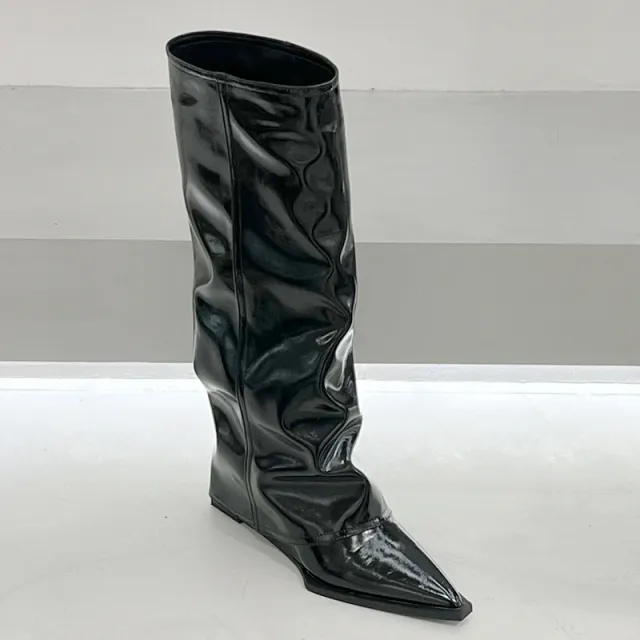 Wedge Pants Boots High Leg Pointed Toe Black Patent Leather Fried Street Black - Shop at LoveMi