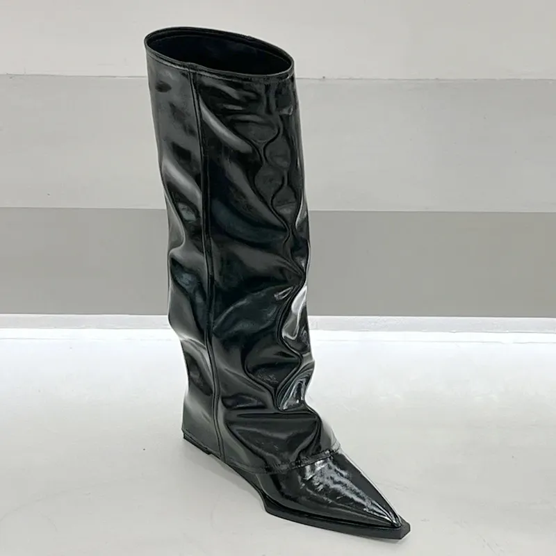 Wedge Pants Boots High Leg Pointed Toe Black Patent Leather Fried Street - Black