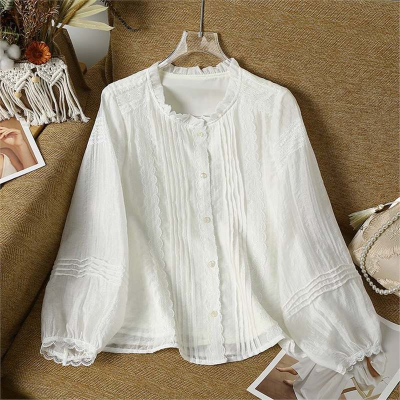Womens French-style Lace-trimmed Long-sleeve Shirt