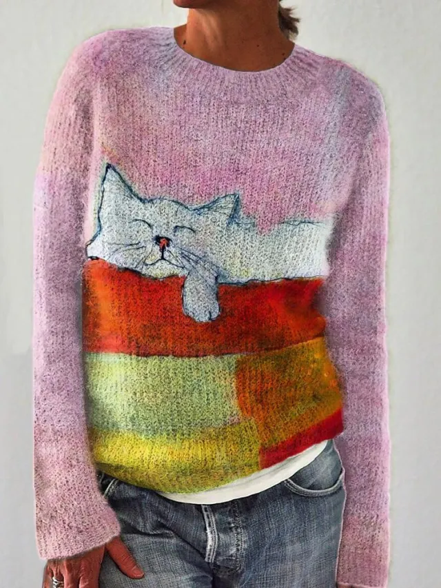 New AutumnWinter Abstract Cat Print Drop Shoulder Sweater Ding663 2Xl - Shop at LoveMi