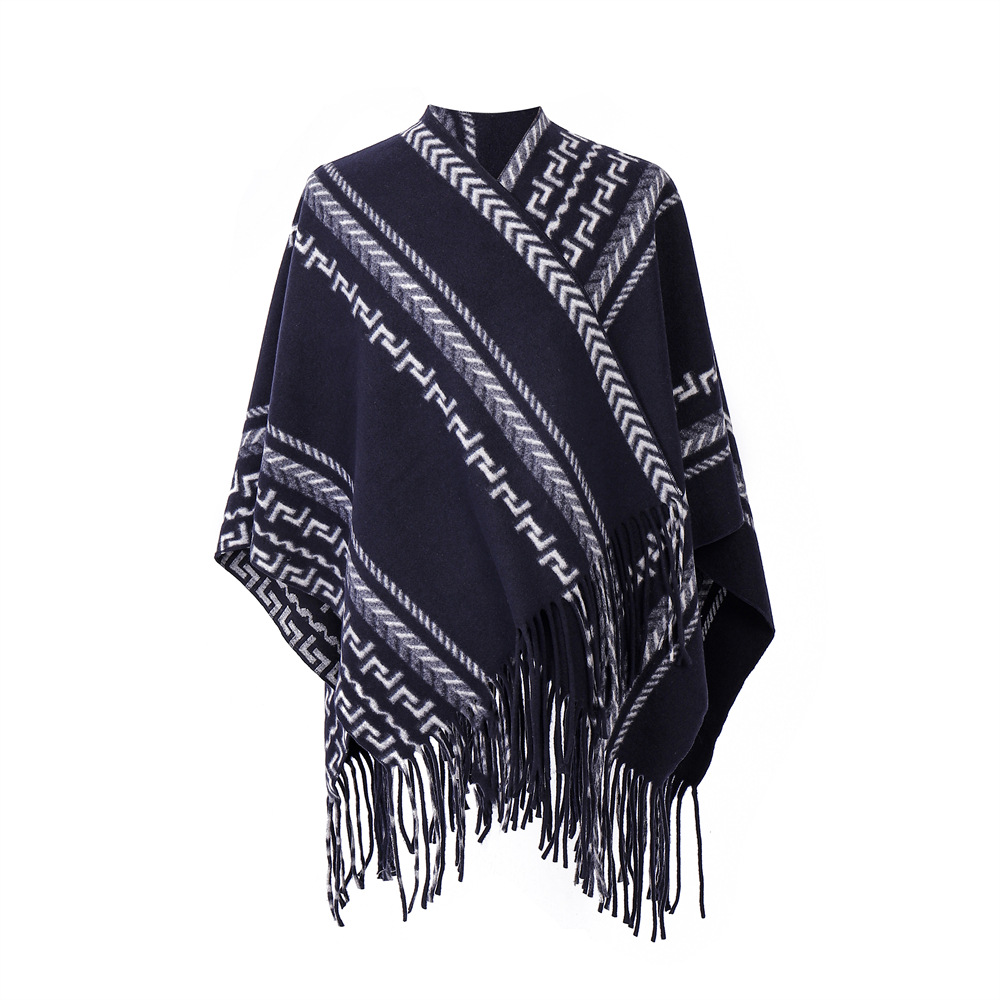 Cloak Ethnic Style Navy Blue Tassel Jacquard Shawl