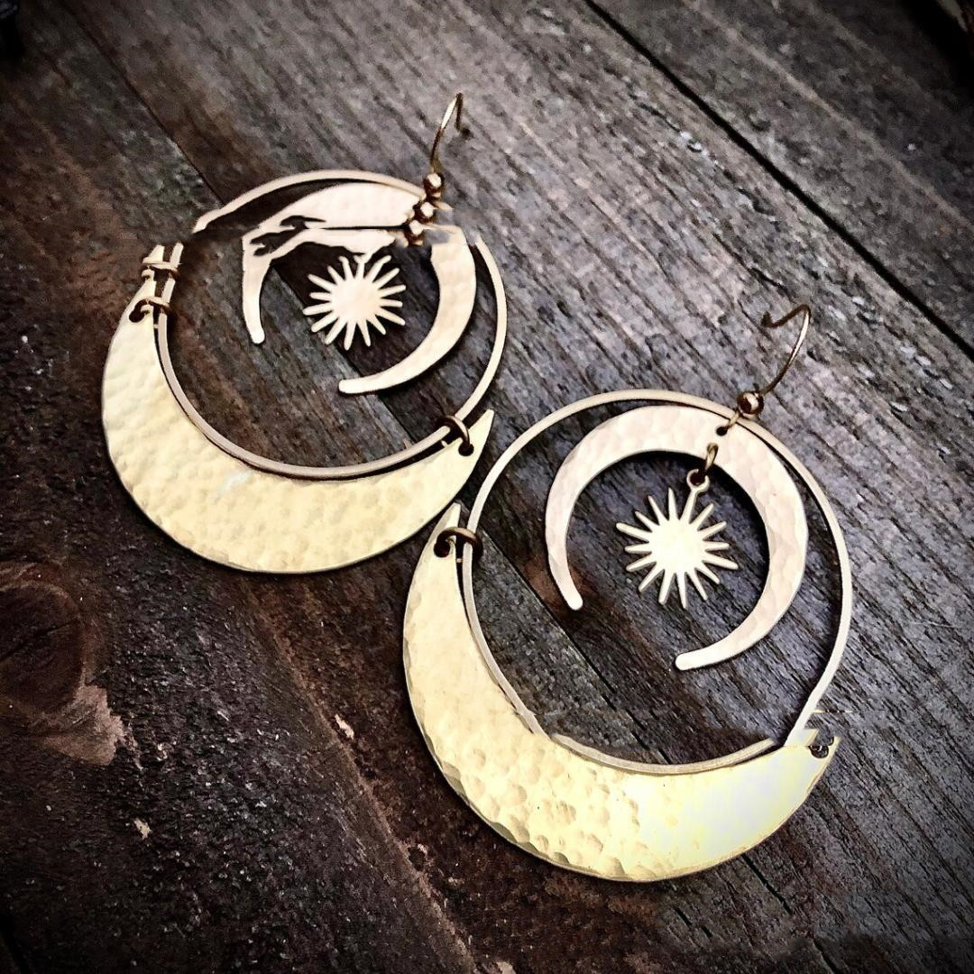 Fashion Gold Brass Sun Moon Pendant Earrings