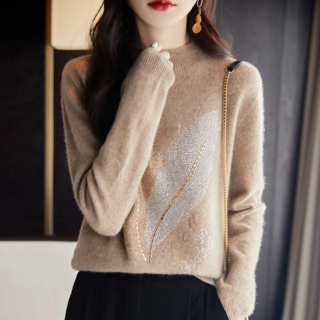 Half Turtleneck Rhinestone Sweater Pullover Inner Wear Sweater Raw Velvet Camel - Shop at LoveMi