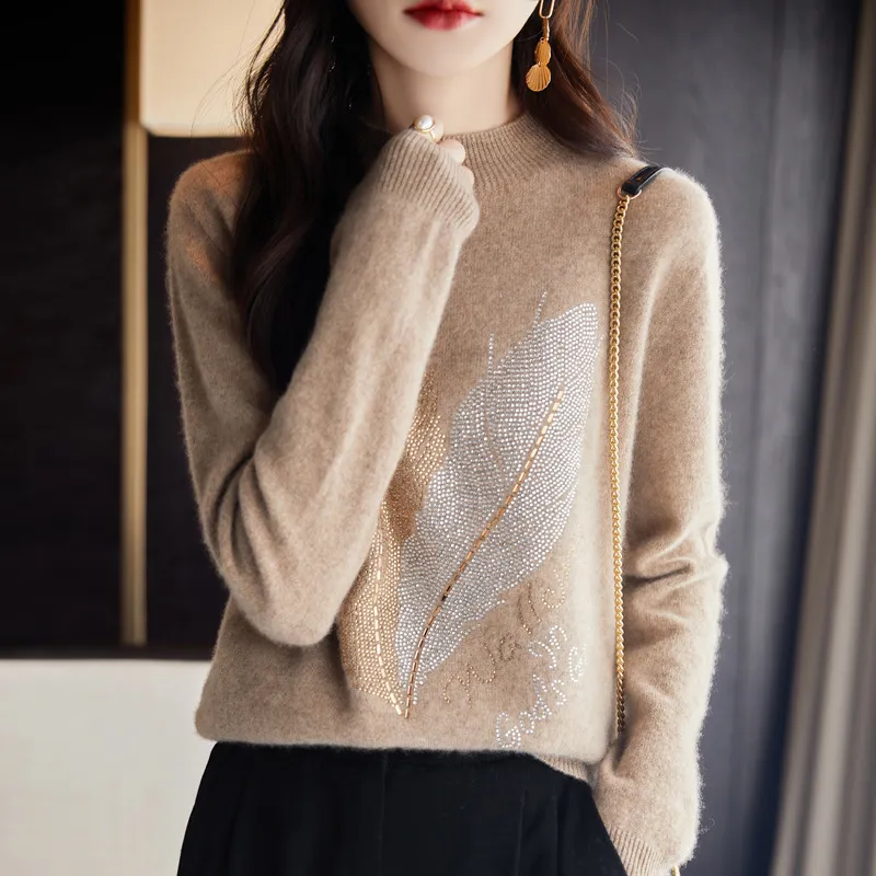 Half Turtleneck Rhinestone Sweater Pullover Inner Wear Sweater - Raw Velvet Camel
