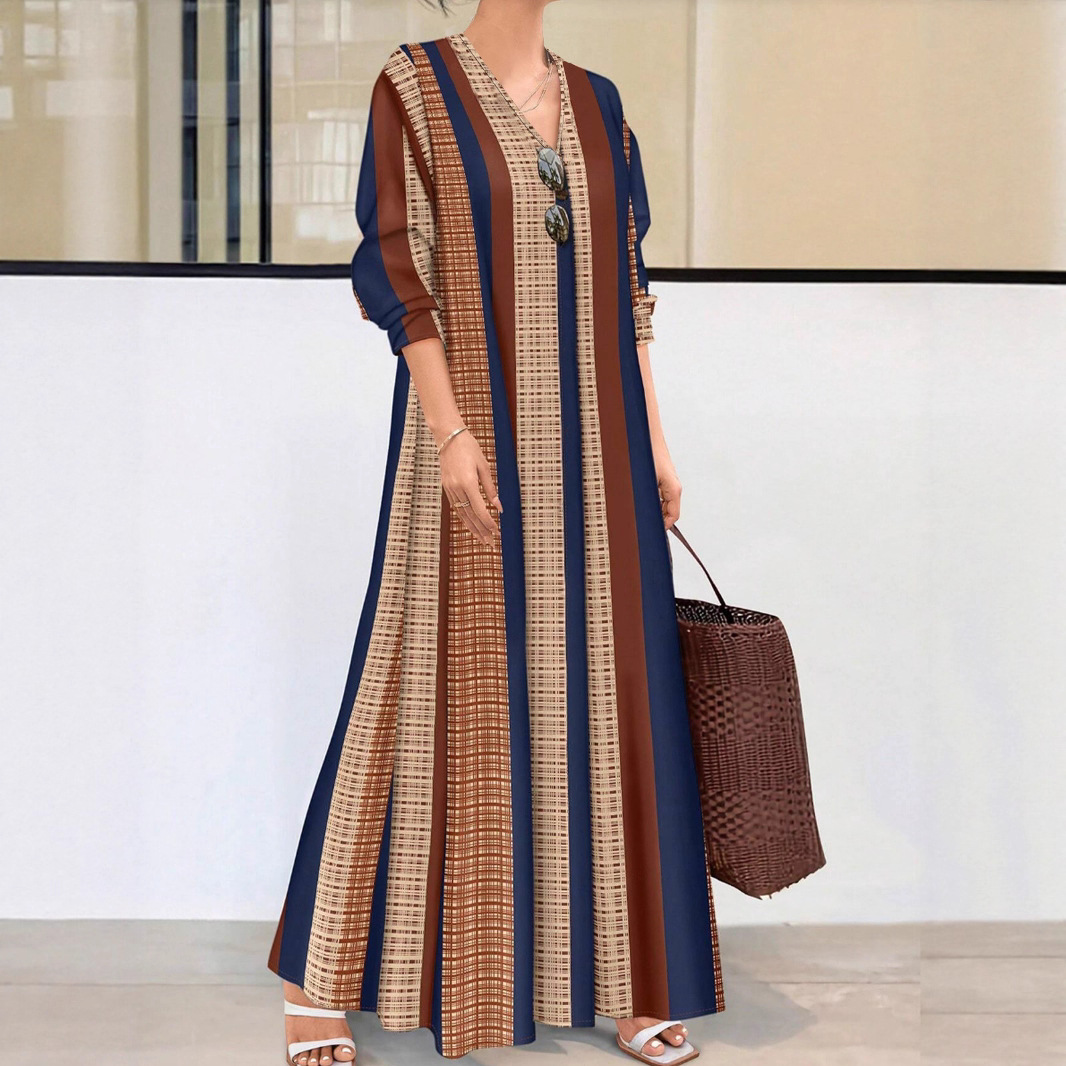 Fashion Casual Vertical Striped V neck Long Dress Elegant Camel - Shop at LoveMi