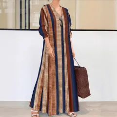 Fashion Casual Vertical Striped V-neck Long Dress Elegant - Camel - View 1