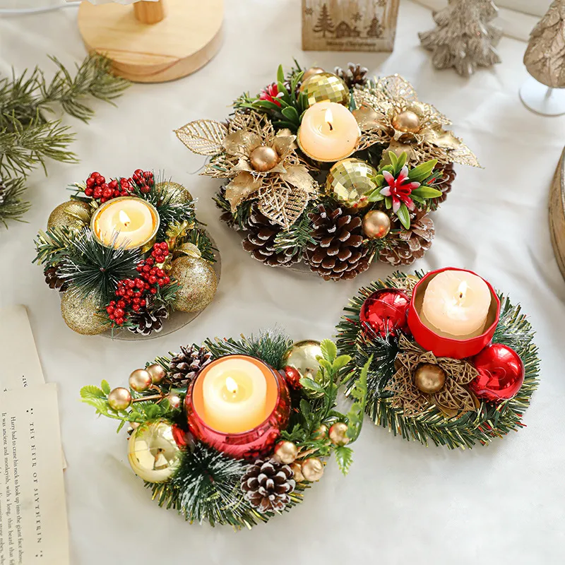 Christmas Candle Metals Candlestick Wreath Artificial Pinball Pinecone Candle Holder Fake Leaves Xmas New Year Home Table Decor – image 2