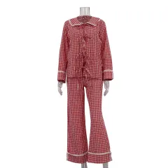 Plaid Shirt Doll Collar Loose Lace-up Top Wide Leg Pants Two-piece Set - Red - View 1