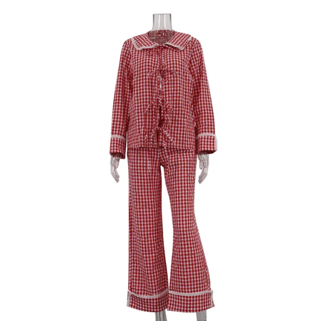 Plaid Shirt Doll Collar Loose Lace up Top Wide Leg Pants Two piece Set Red - Shop at LoveMi