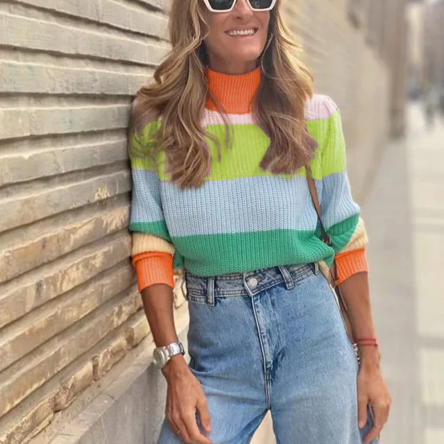 Autumn And Winter Turtleneck Pullover Contrast Color Long Sleeves Loose Sweater Top Orange - Shop at LoveMi