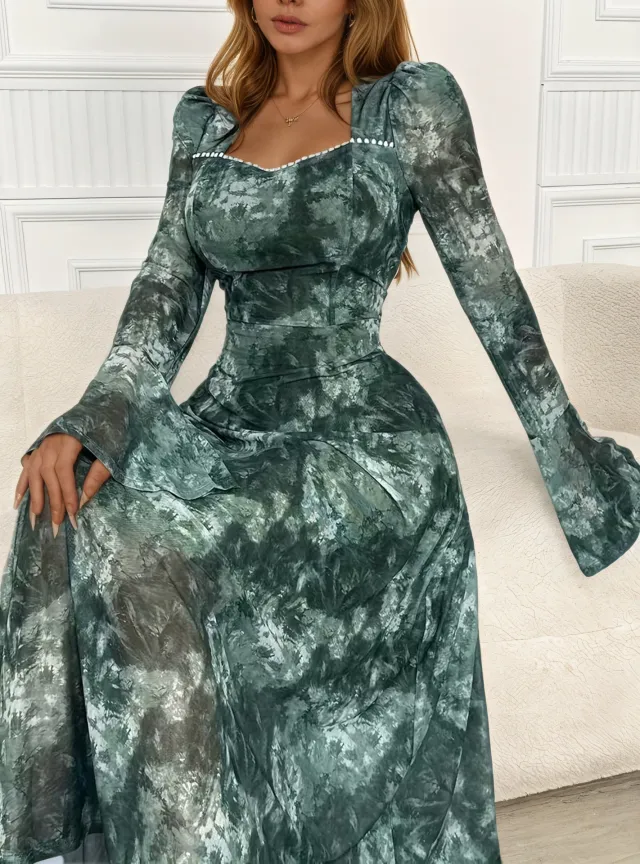 Elegant Square neck Long sleeve Tie dye Printed Dress Green - Shop at LoveMi