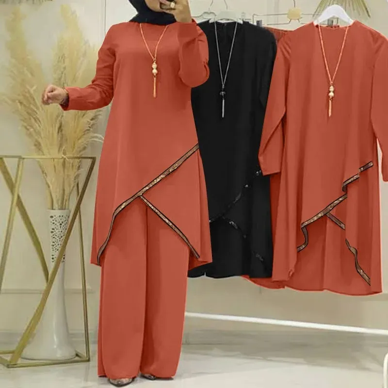 O-collar Long Sleeve Shirt Wide Leg Pants Suit Casual Women's Suit - Orange