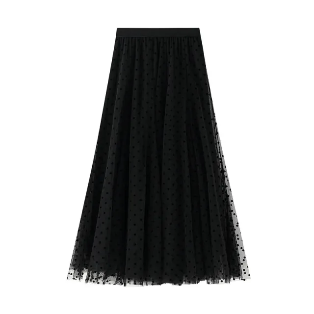 Slimming Cover Dot Mesh A Line Fishtail Skirt Black - Shop at LoveMi