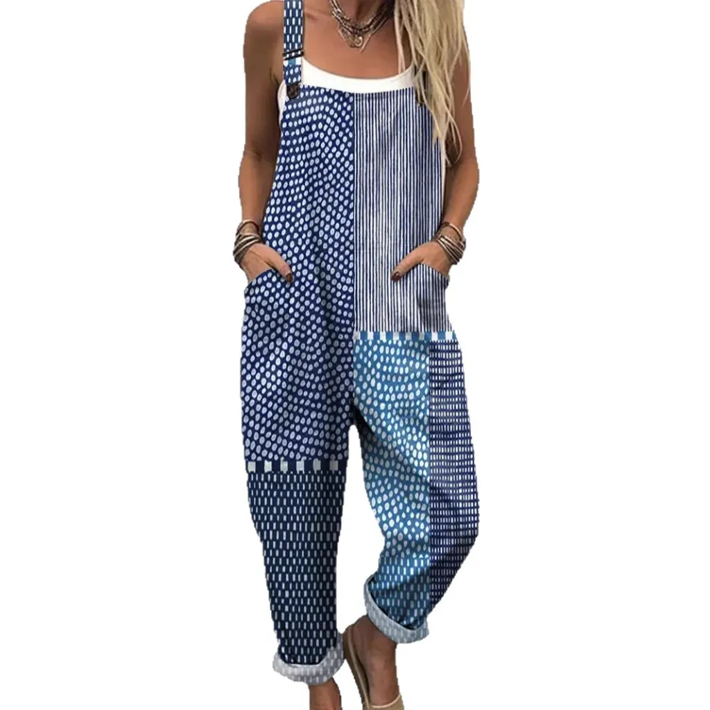 Women's Printed Loose Sleeveless Retro Jumpsuit - Black Line E652