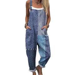 Women's Printed Loose Sleeveless Retro Jumpsuit - Black Line E652 - View 1